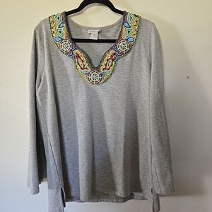 Soft Surroundings Long Sleeve Pull Over Tee Shirt Beaded Neckline Grey L
